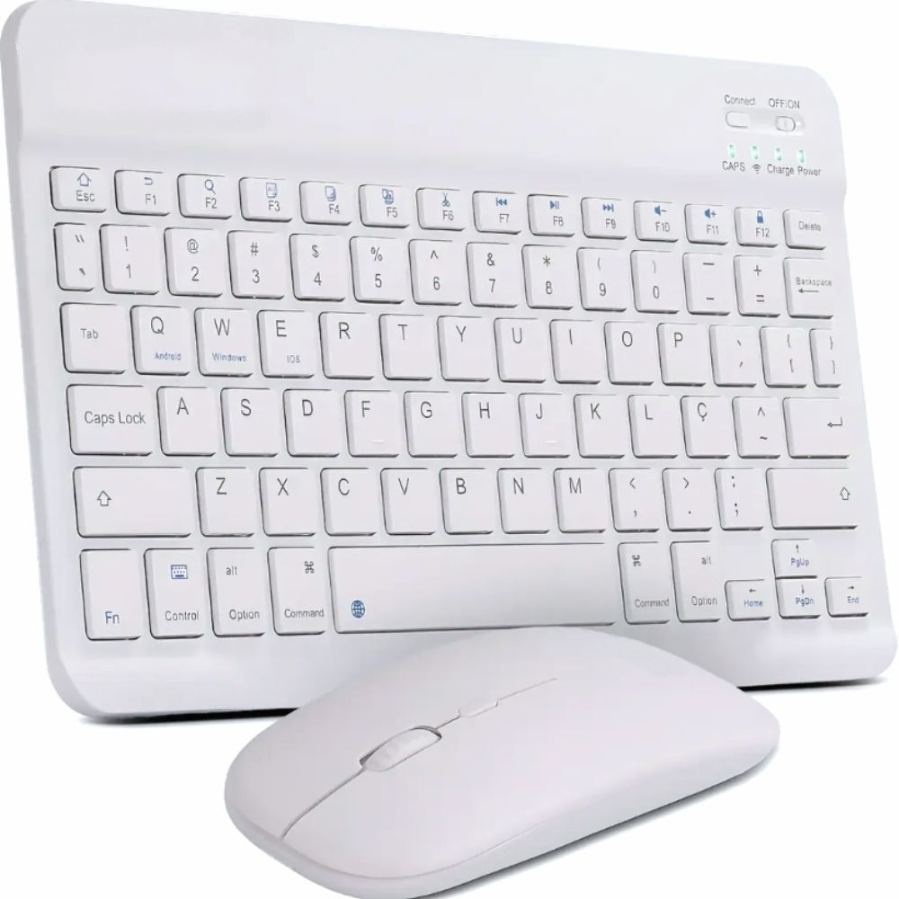 Kit Teclado E Mouse Bluetooth Sem Fio ABNT2 Branco Recarregável Slim
