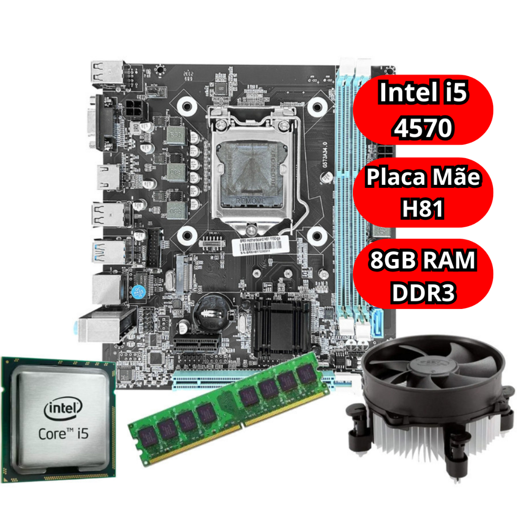 Kit Upgrade Processador Intel i5 4570 Placa Mãe H81 8GB RAM DDR3 Cooler