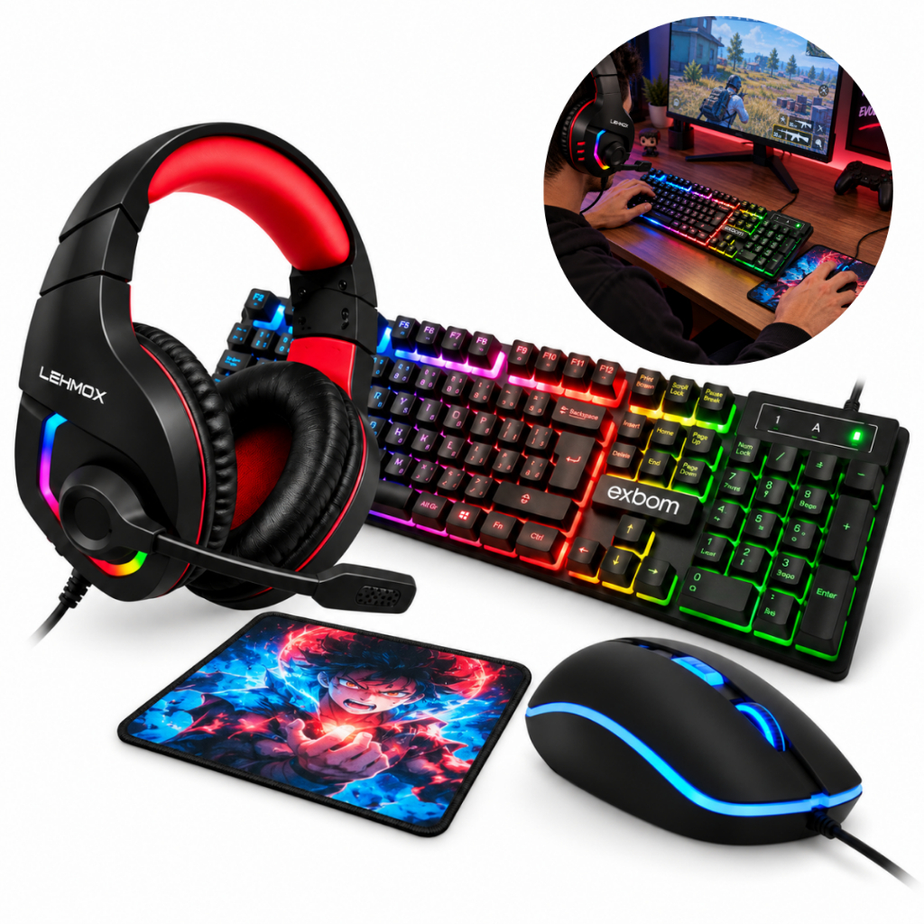 Kit Teclado E Mouse Gamer Rgb Usb Com Iluminação + Headset + Fone Gamer + Mouse Pad Kit Teclado E Mouse Gamer Rgb Usb Com Iluminação + Headset + Fone Gamer + Mouse Pad