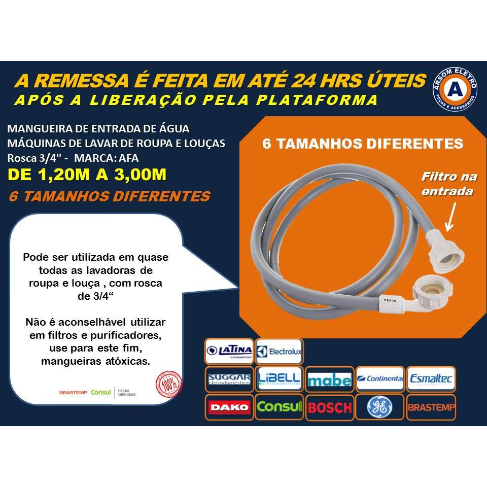 Mangueira de Entrada de Água Com Filtro de 1,20m a 3,0m Máquinas de Lavar Roupas e Louças e Uso GeraL-AFA