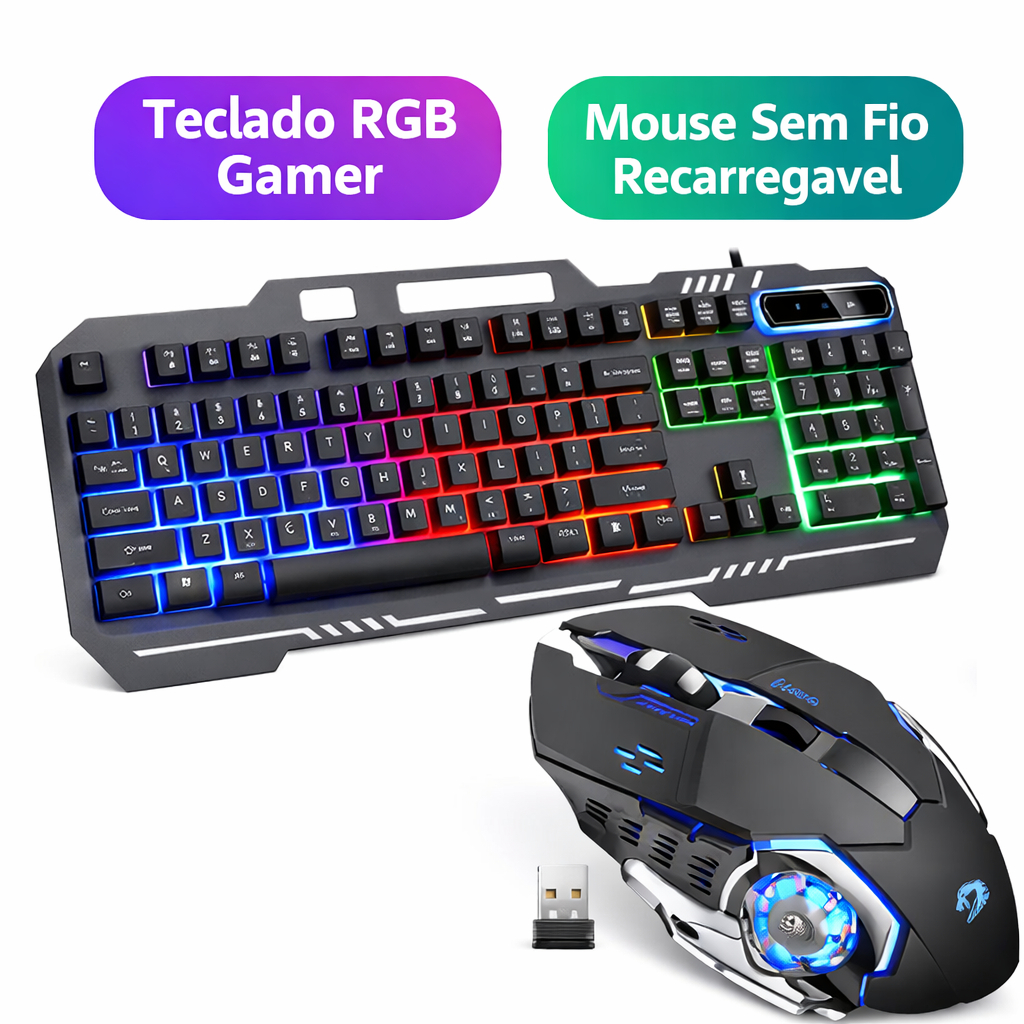 Kit Gamer Teclado RGB Semi-Mecânico com Fio + Mouse Gamer Sem Fio Recarregável 6 Botões Kit Gamer Teclado RGB Semi-Mecânico com Fio + Mouse Gamer Sem Fio Recarregável 6 Botões