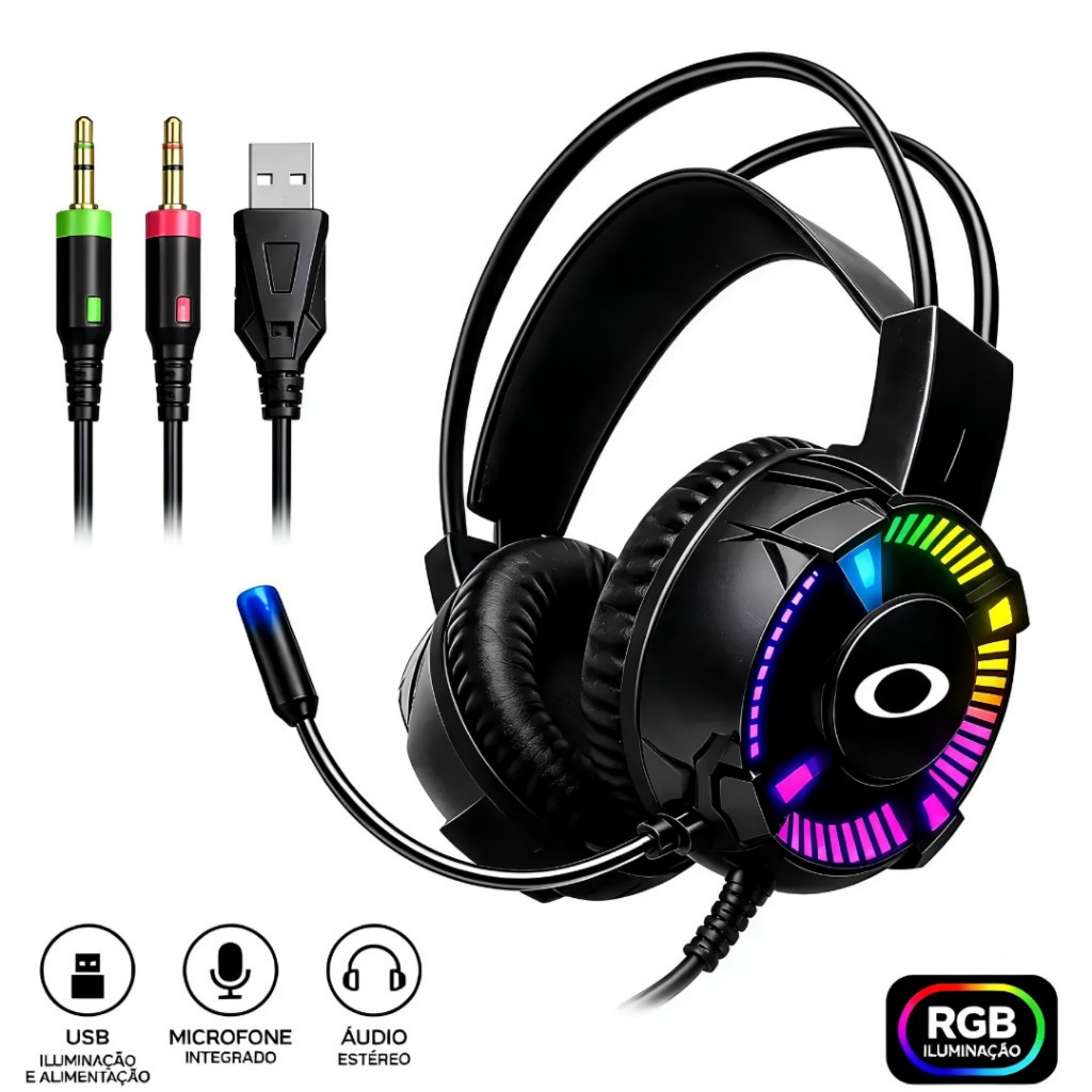Headset Gamer RGB Onistek ON-464 com Microfone Cabo 2,2m USB P2 3.5mm para PC