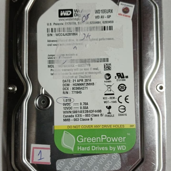HD 1TB 3.5 SATA Usado Saudável WD AV-GP Ideal Para PC Desktop E DVR