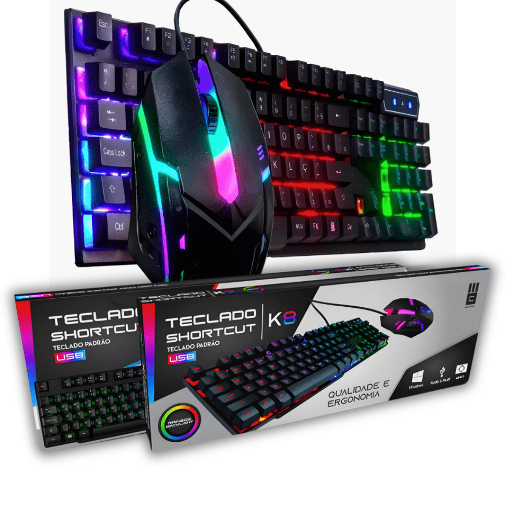 Kit gamer teclado semi mecânico + mouse led chroma rgb iluminado jogos pc usb Kit gamer teclado semi mecânico + mouse led chroma rgb iluminado jogos pc usb