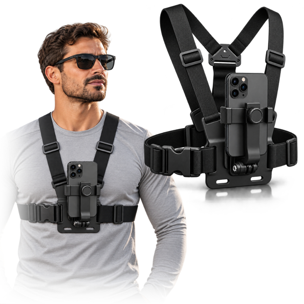 Suporte Peitoral para Celular e GoPro Ajustável - Estabilizador para Gravação de Vídeos Esportivos Colete Celular Câmera