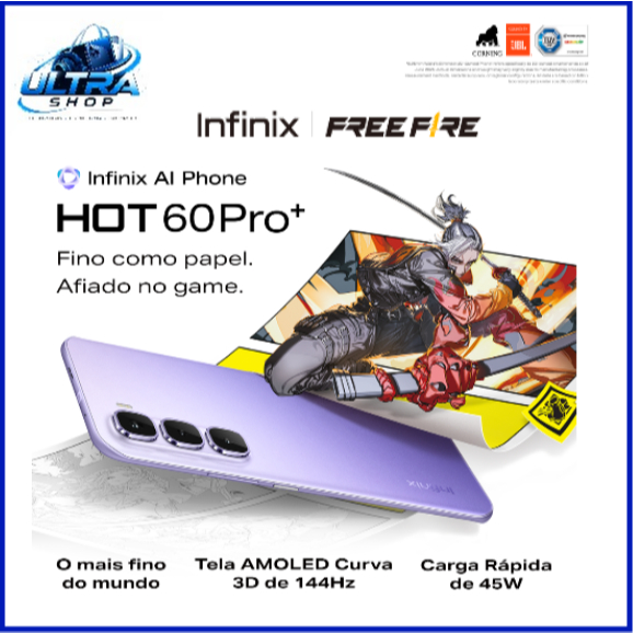 Smartphone Infinix Hot 60 Pro+ 4G 256GB Até 16GB RAM MediaTek Helio G200 Tela Curva 3D de 144 Hz Bateria 5160mAh NFC Smartphone Infinix Hot 60 Pro+ 4G 256GB Até 16GB RAM MediaTek Helio G200 Tela Curva 3D de 144 Hz Bateria 5160mAh NFC