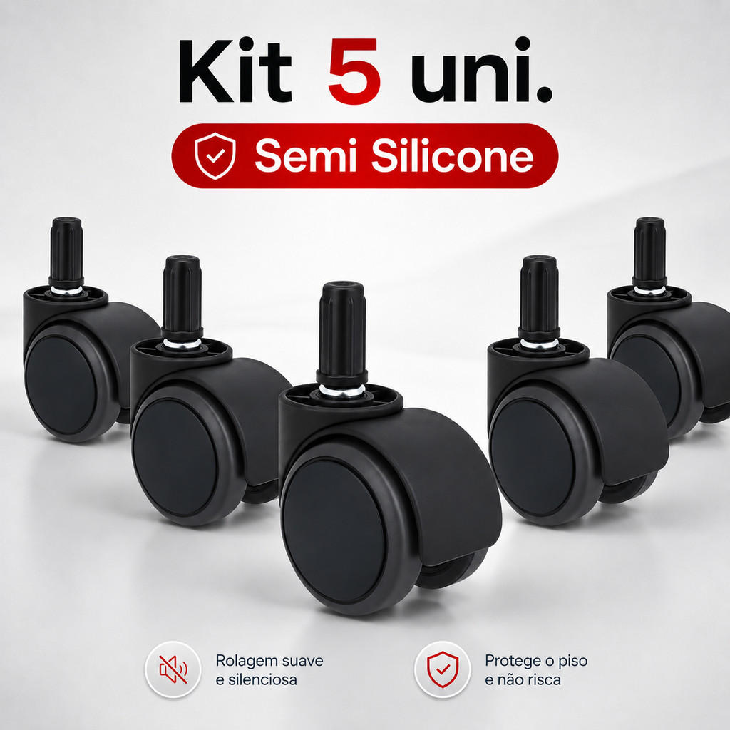 Kit 5 Rodízios Rodinhas Semi Silicone Anti Risco 50mm Pino 10mm Para Cadeira Escritório Gamer