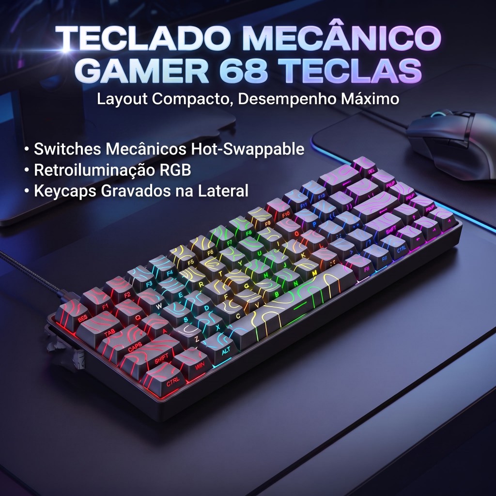 Teclado Mecânico Gamer 68 Teclas, Impressão Lateral Contorno, Retroiluminação RGB, Hot‑Swap Compacto, Cabo USB‑C Destacá
