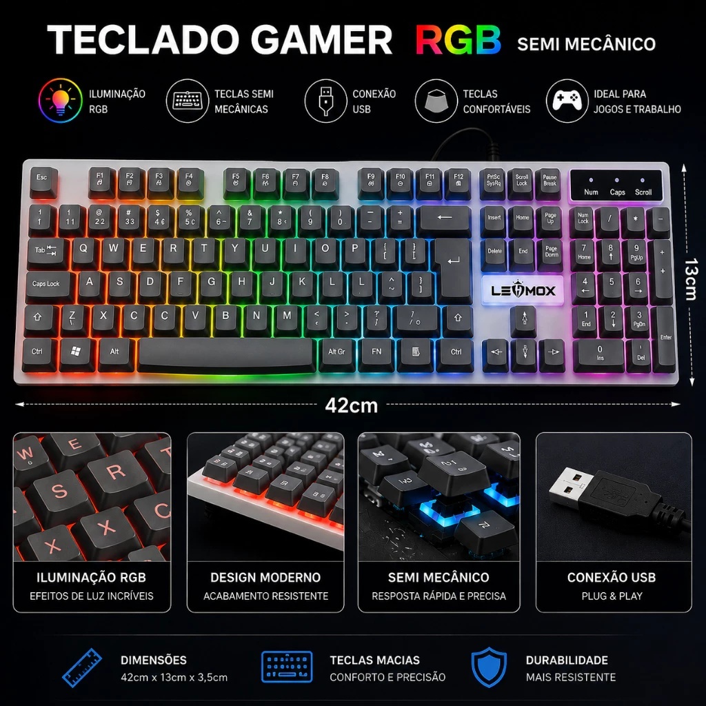 Teclado gamer semi mecanico com led rgb silencioso para jogos