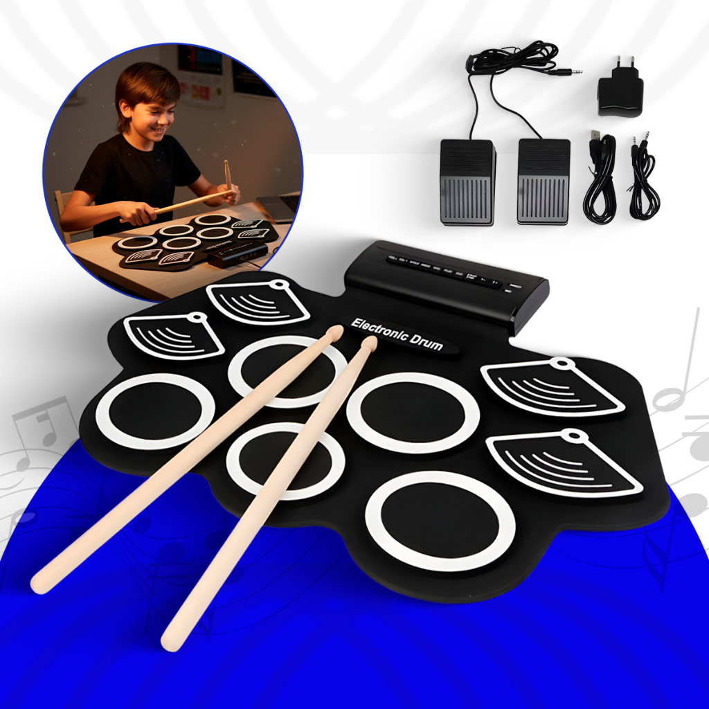 Bateria Elêtronica Musical Silicone Digital 9 Pads 2 Pedais Baquetas em dobrável EMT-S309 EXBOM