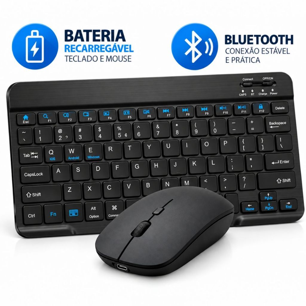 Kit Teclado e Mouse Bluetooth Sem Fio Recarregável para PC Notebook Tablet Celular