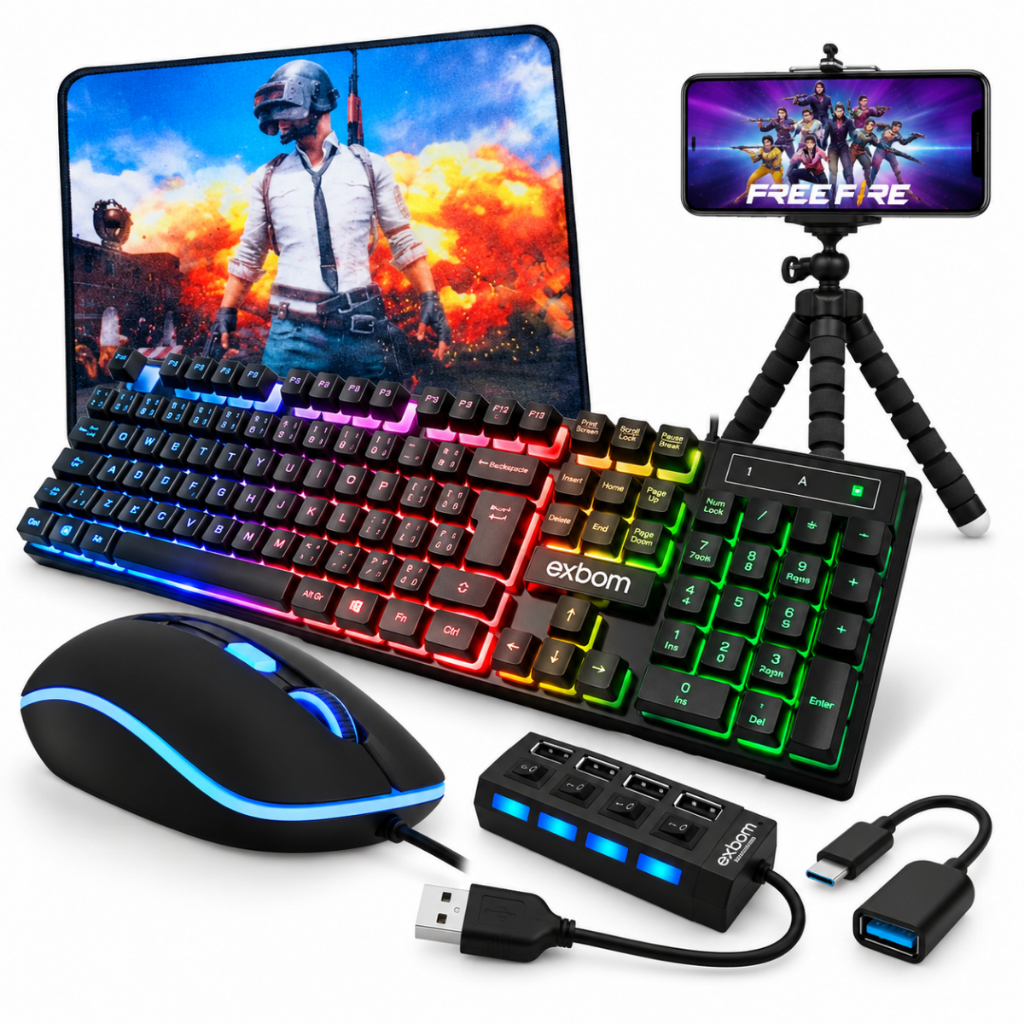 Teclado Led E Mouse Gamer Pc + Kit Cel Mobilador Completo Para Celular e PC Notebook