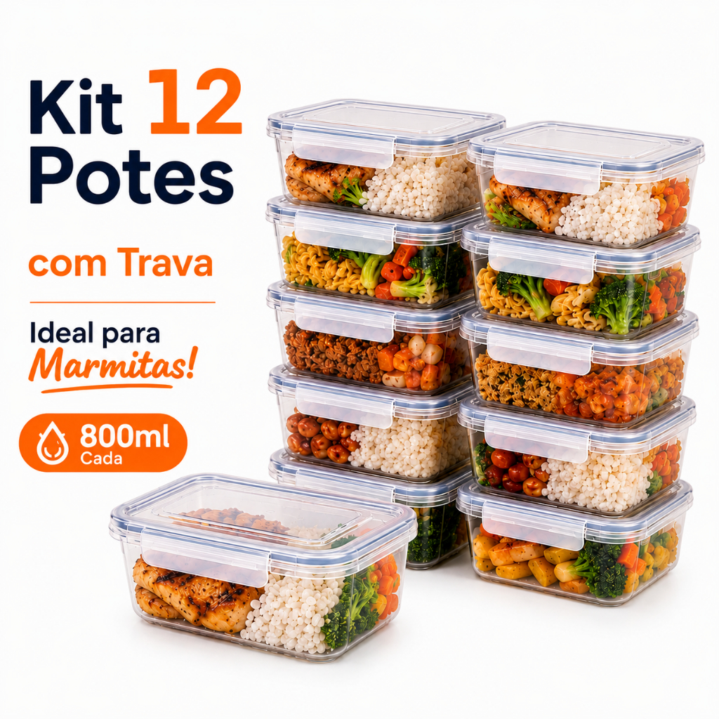 Kit 12 Potes Marmita 800ml Com Trava Lateral Freezer Microondas Organizadores