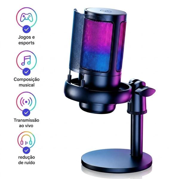 Microfone Gamer RGB USB com Suporte para Lives e Streaming