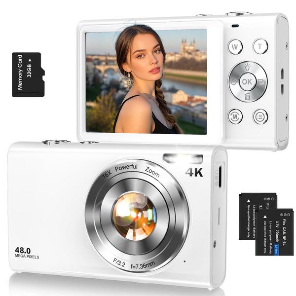 Câmera digital Lecnippy 4K 48MP com cartão de 32GB com zoom 16X branco