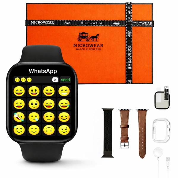 Relógio Smartwatch W11 Mini Pro Series 11 42mm Bluetooth Notificações Tela Amoled 1GB Memoria Interna 3 Pulseiras