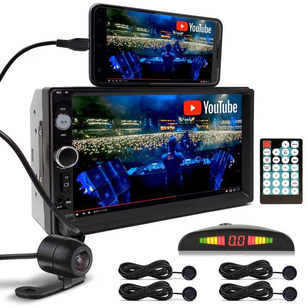 Kit Multimídia + Câmera Ré + Sensor Ré Preto Fosco Emborrachado Corsa Classic 2002 2003 2004 2005 2006 Bluetooth USB 7 Polegadas Espelhamento