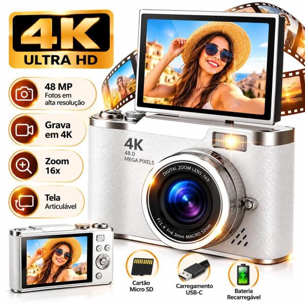 Câmera Fotográfica Digital 48MP com Tela Flip para Selfie: Cor Branco Câmera Fotográfica Digital 48MP com Tela Flip para Selfie: Cor Branco
