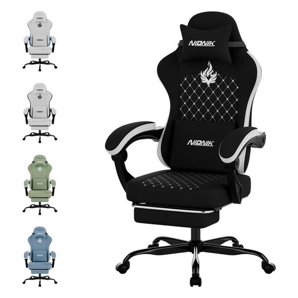 Cadeira Gamer NIONIK com Massagem, Ergonômica e Apoio para Pés Preta e Branca
