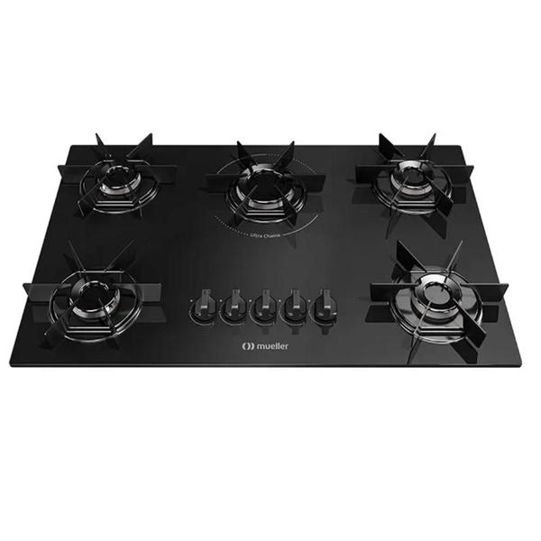 Cooktop Mueller 5 Bocas com Ultra Chama, Mesa de Vidro e Acendimento Superautomático, MCG5BB, Preto Bivolt