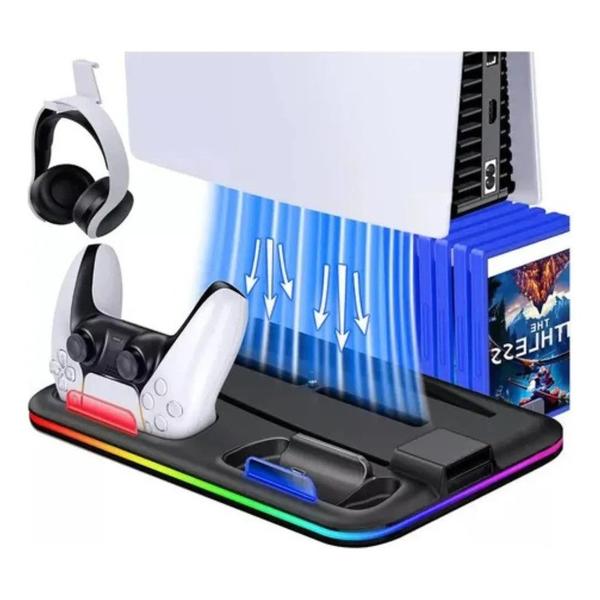Base Cooler Vertical Para PS5 Fat e Slim Com Carregador Duplo Led RGB STK-DZ504 Base Cooler Vertical Para PS5 Fat e Slim Com Carregador Duplo Led RGB STK-DZ504