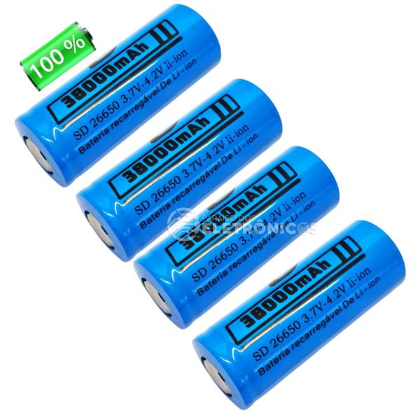 Kit Baterias 26650 3.7V4.2V 38000mAh Recarregáveis para Lanternas e Eletrônicos DY2665038000