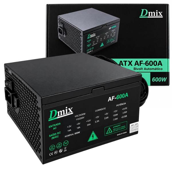 Fonte de Alimentação ATX 600W Bivolt para PC Desktop Computador Dex Dmix AF-600A