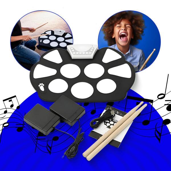 Bateria Musical Eletrônica Silicone Dobrável com Baquetas 10 Pads 2 Pedais EMTS9