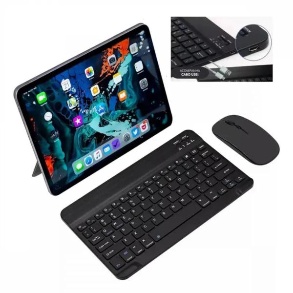 Teclado e Mouse Sem Fio Bluetooth Preto Para Notebook Tablet