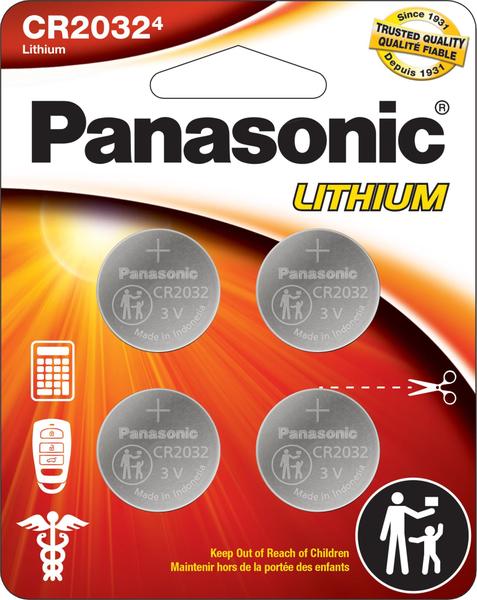 Pilha Panasonic CR2032 3V de lítio, pacote com 4, embalagem segura para crianças