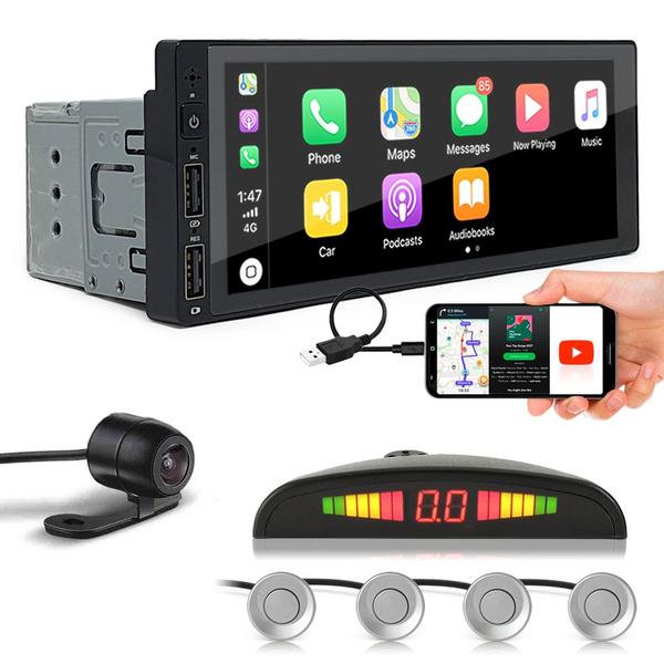Kit Multimídia 1 Din + Câmera Ré + Sensor Ré Prata Golf 1992 1993 1994 1995 1996 1997 USB Bluetooth