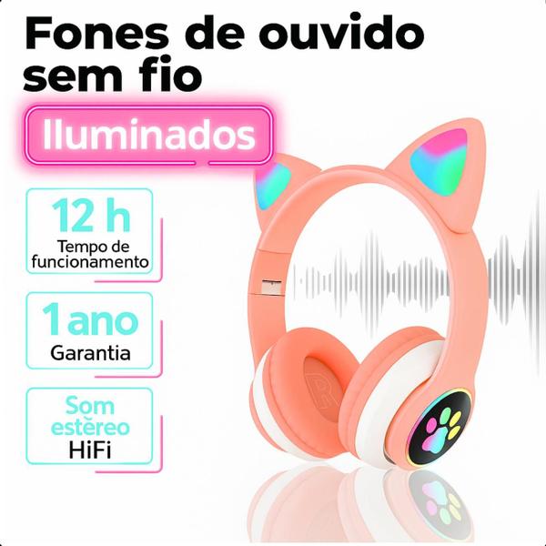 Fone de Ouvido Infantil Rosa com LED e Luz Colorida