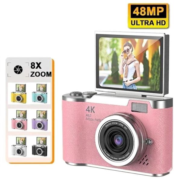 Câmera digital com zoom 4K 8x, adequada para fotografia estudantil, compacta de 48MP, tela flip selfie de 180