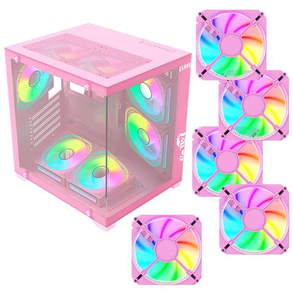 Gabinete Gamer CLANM Grodd Candy Rosa Mid Tower Vidro com 5 Fans RGB