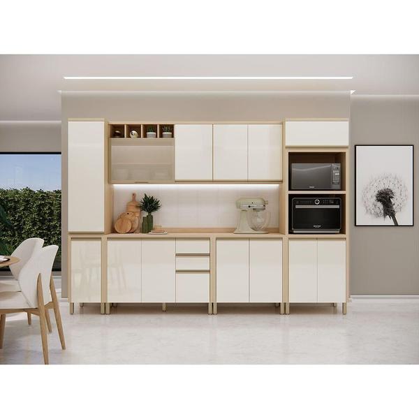 Cozinha Modulada Completa 6 Peças com Vidro Brise Lu 14 Portas 3 Gavetas Carvalho-off White Pérola