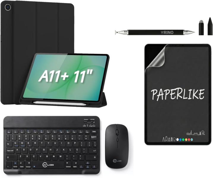 Kit Capa Magnética Protetora Compatível com Samsung Galaxy Tab A11 Plus 11 Pol Teclado Slim Sem Fio e Mouse Wireless Pel
