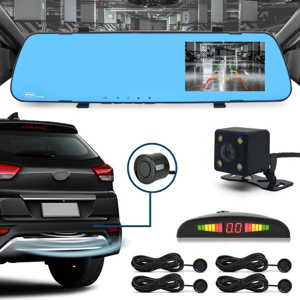 Kit Retrovisor C/ Tela + Câmera + Sensor Ré Preto Ford Ranger 2009 2010 2011 2012