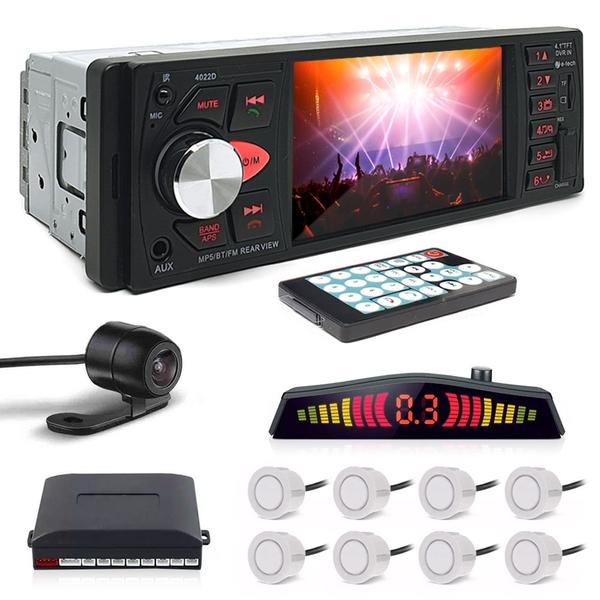 Kit Rádio C/ Tela 1 Din + Câmera Ré + Sensor 8 Pontos Branco Fiat Strada 2005 2006 2007 Estacionamento