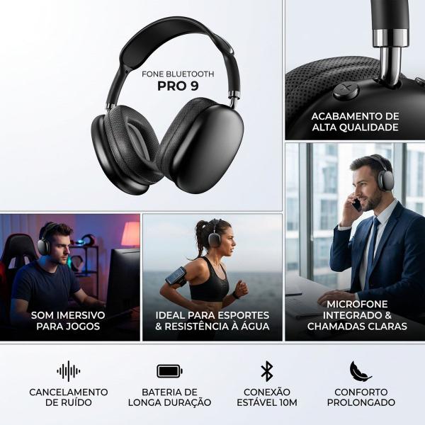 Fone de Ouvido P9 Headphone Bluetooth Sem Fio com Microfone Som Imersivo