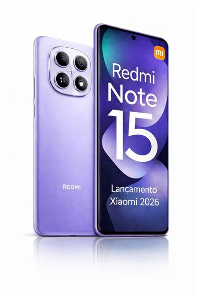 Smartphone Celular Xiaomi Redmi Note 15 256GB 8GB mais 8GB Lançamento 2026 Câmera 108MP 20MP AMOLED 120Hz FHD Plus Design Premium Água e Poeira