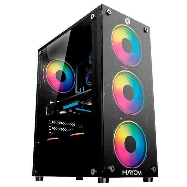 Gabinete Gamer Hayom, RGB, ATX, Lateral e Frontal em Vidro Temperado, 4x Cooler Fan RGB,