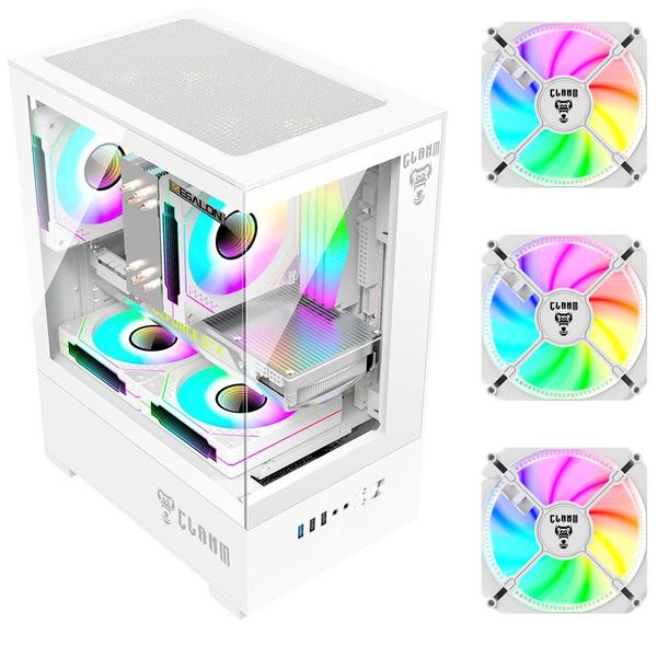 Gabinete Gamer CLANM Megalon Snow 3 Fans RGB Mid Tower Branco