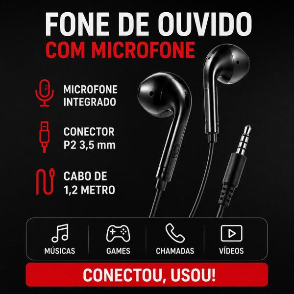 Kit 2 Fones de Ouvido P2 com Microfone e Cabo 1,2m