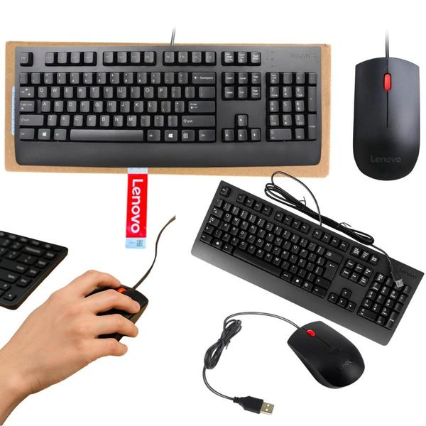 Kit Teclado e Mouse Lenovo Original com Fio Ergonômico Preto