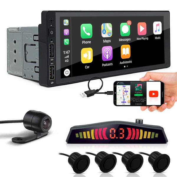Kit Multimídia 1 Din + Câmera Ré + Sensor Ré Preto Fosco Emborrachado Chery Tiggo 2009 2010 2011 2012 USB Bluetooth