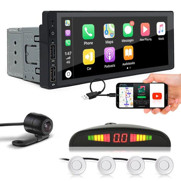 Kit Multimídia 1 Din + Câmera Ré + Sensor Ré Branco Tiguan 2011 2012 2013 2014 USB Bluetooth