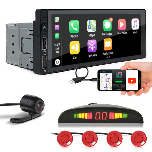 Kit Multimídia 1 Din + Câmera Ré + Sensor Ré Vermelho Vectra 2006 2007 2008 USB Bluetooth