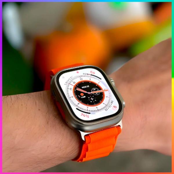 Smartwatch Serie 9 Ultra Laranja + 7 Pulseiras modos esportivos, troca foto de fundo, bluetooth Android e iOs Masculino