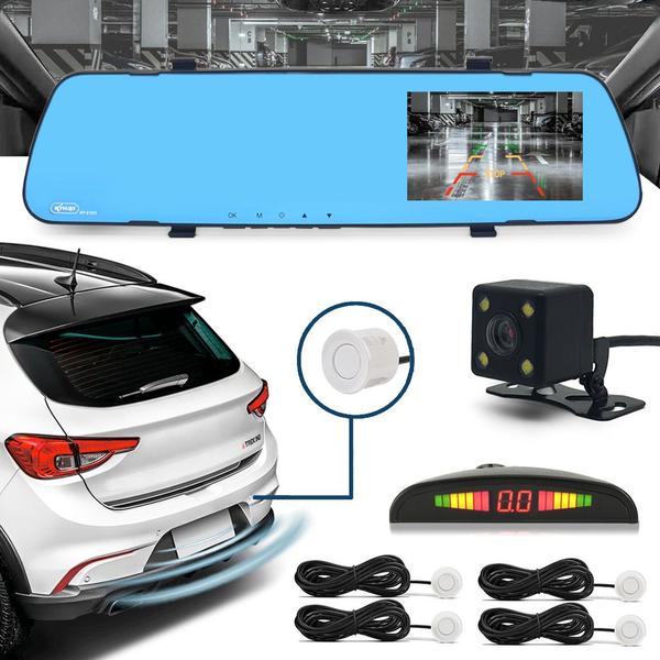 Kit Retrovisor C/ Tela + Câmera + Sensor Ré Branco Ford Ka 2015 2016 2017 2018 2019 2020 Espelho Visor Estacionamento