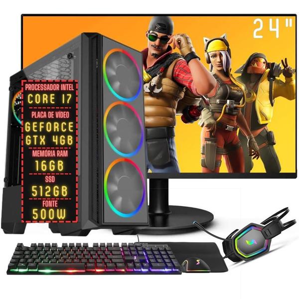 PC Gamer Completo 3green FPS Intel Core i7 16GB RAM Placa de vídeo Geforce GTX 4GB SSD 512GB Monitor 24" Full HD 75Hz Fonte 500W 3GF-064